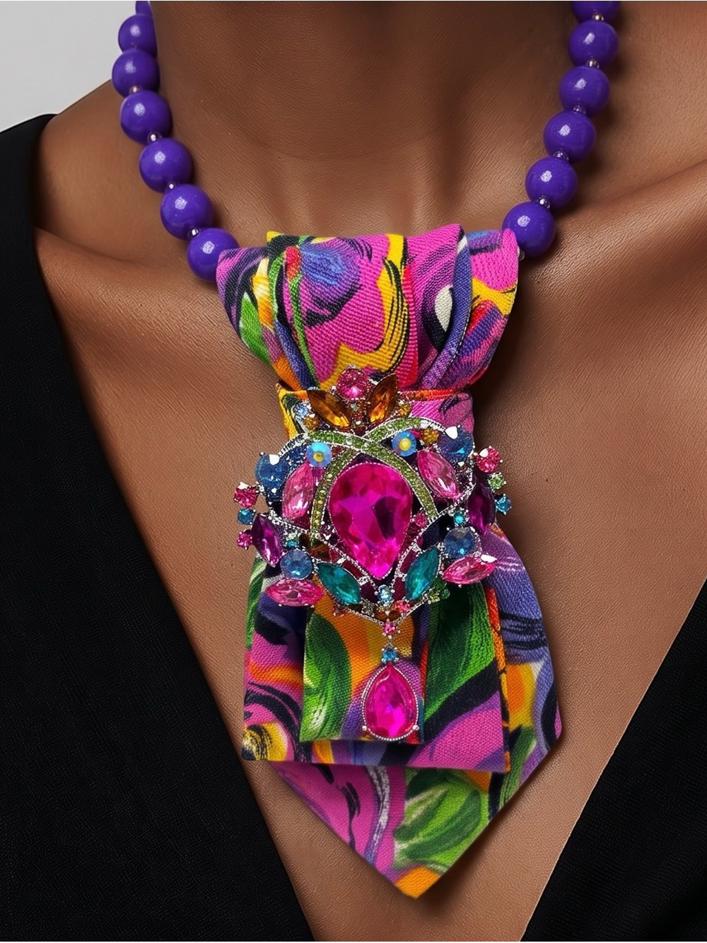 CHIC CHICK UPCYCLE | Statement Multicolor Satin Tie Necklace Fuchsia Gem Pendant